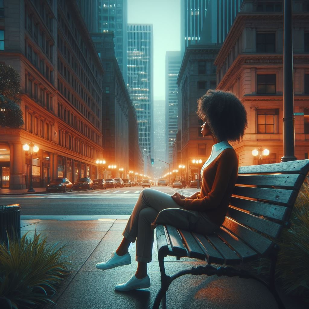 A woman sitting on a bench in a city using mindfulness to build quiet confidence