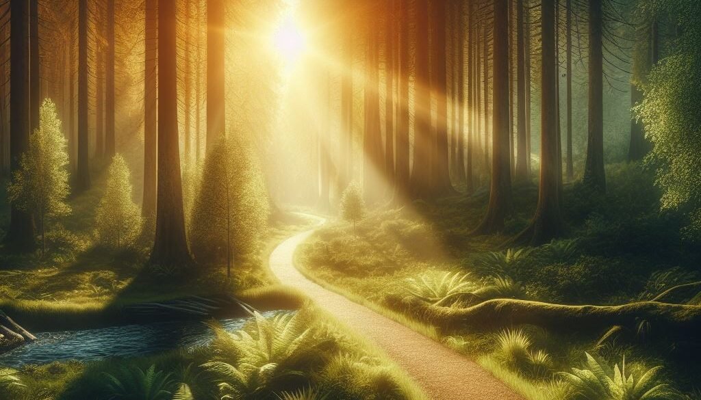 Enchanting path in a serene forrest into the light, to symbolize the path of self-improvement and self-growth