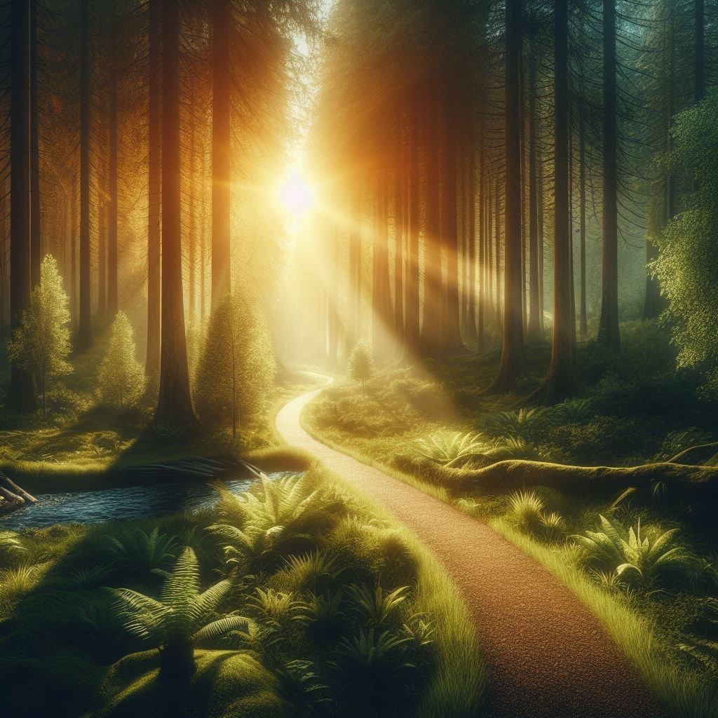 Enchanting path in a serene forrest into the light, to symbolize the path of self-improvement and self-growth